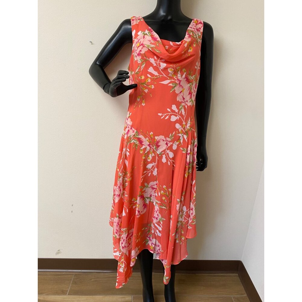 Robbie Bee Petite Women's Orange Handkerchief Hem Floral Cowl Neck Dress NWT